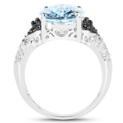Bids.com 5.37 Carat Genuine Swiss Blue Topaz, Black Diamond & White Topaz .925 Sterling Silver Ring Rings