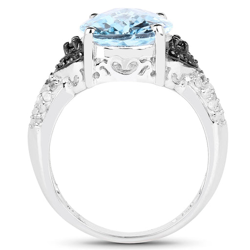 Bids.com 5.37 Carat Genuine Swiss Blue Topaz, Black Diamond & White Topaz .925 Sterling Silver Ring Rings