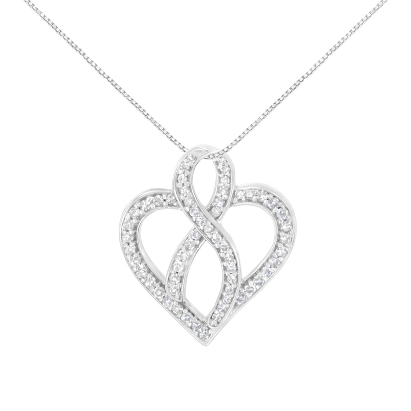 Bids.com 14K White Gold 1/4 cttw Round Cut Diamond Heart and Ribbon Center Pendant Necklace (H-I, I1-I2) Necklaces