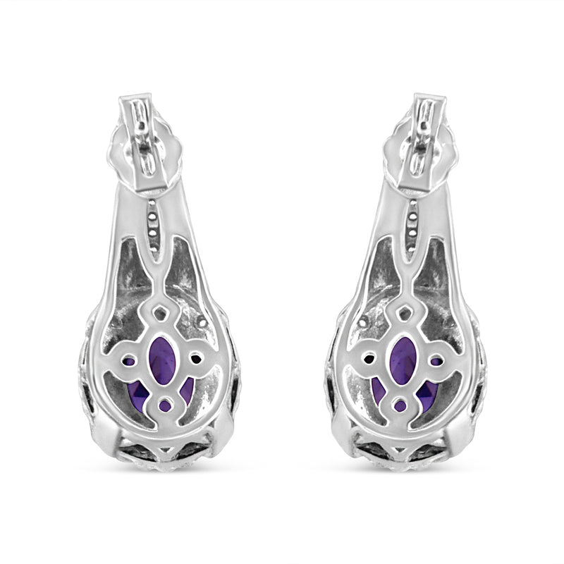 Bids.com .925 Sterling Silver 8x6 MM Natural Oval Purple Amethyst Gemstone and Diamond Accent Art Deco Style Drop and Dangle Earrings (I-J Color, I1-I2 Clarity) Earrings