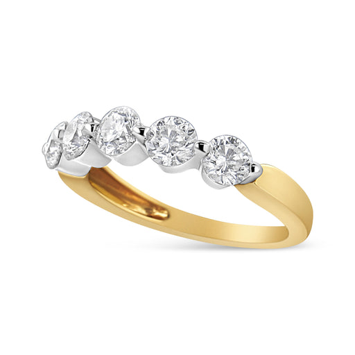 Bids.com 14K White and Yellow Gold 1 1/2 Cttw 2 Prong Cup Set Round-Cut Diamond 5 Stone Ring Band (H-I Color, SI2-I1 Clarity) - Ring Size 7 Rings