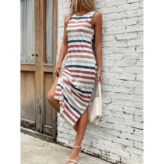 Slit Printed Round Neck Sleeveless Dress