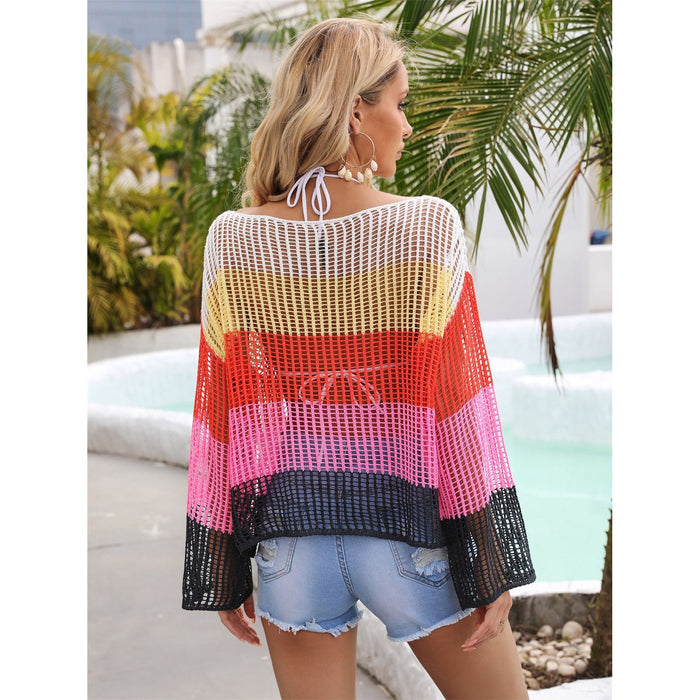 Color Block Openwork Boat Neck Cover Up