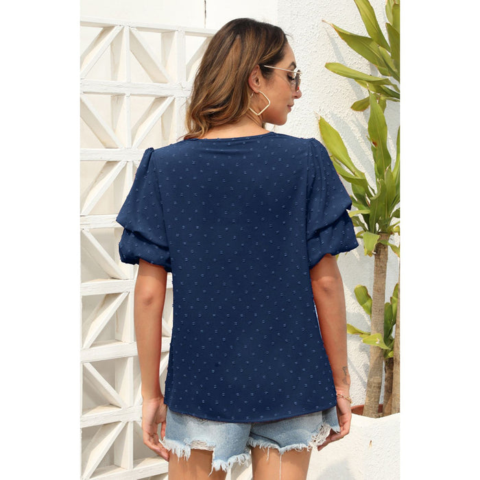 Swiss Dot V-Neck Short Sleeve Blouse