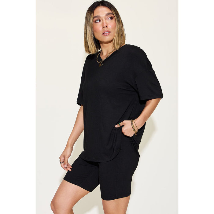 V-Neck Drop Shoulder Short Sleeve T-Shirt and Shorts Set