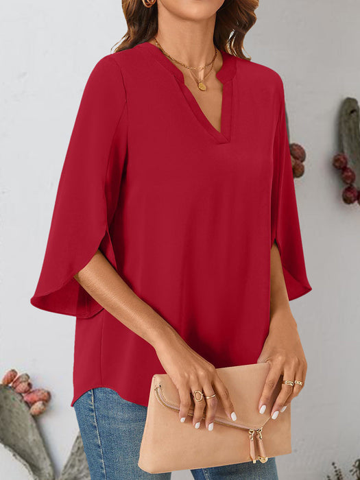 Notched Slit Half Sleeve Blouse