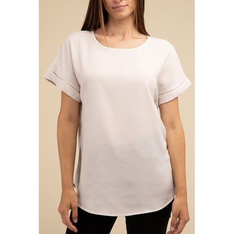 Woven Heavy Dobby Rolled Sleeve Boat Neck Top