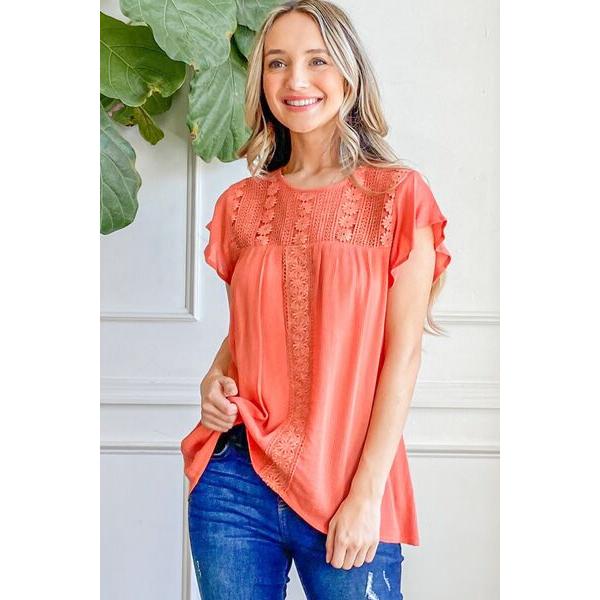 And The Why Lace Detail Ruffle Short Sleeve Blouse