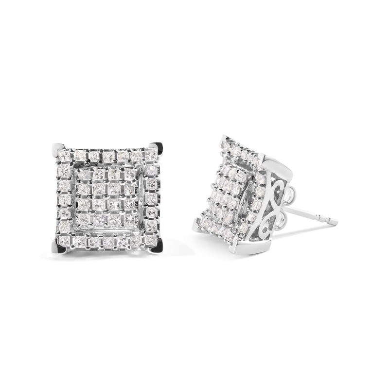 Bids.com 10K White Gold 1 1/4 Cttw Princess Diamond Composite Double Square and Halo Stud Earrings (I-J Color, I1-I2 Clarity) Earrings