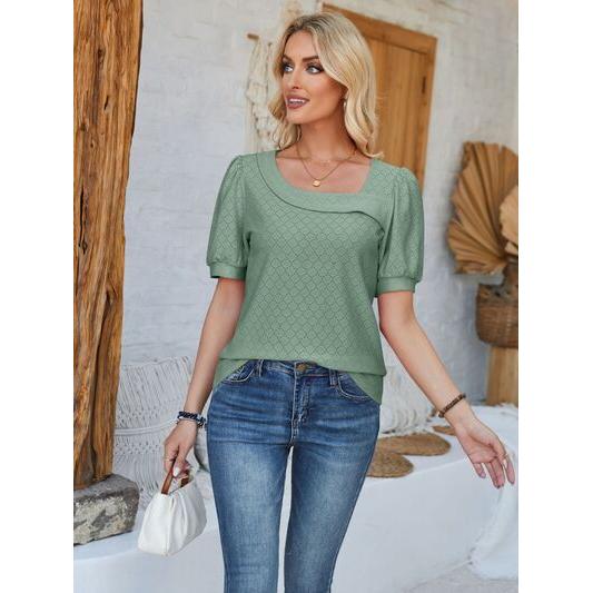 Eyelet Asymmetrical Neck Short Sleeve T-Shirt