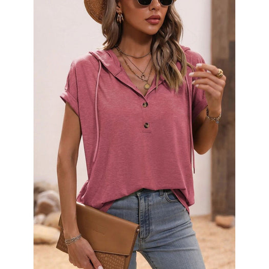 Half Button Hooded Short Sleeve Blouse