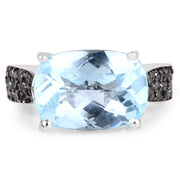 Bids.com 3.96 Carat Genuine Baby Swiss Blue Topaz and Black Diamond .925 Sterling Silver Ring Rings