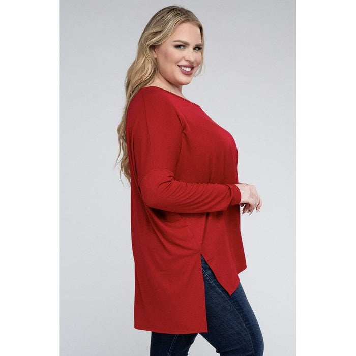 Plus Dolman Sleeve V-Neck Side Slit Hi-Low Hem Top