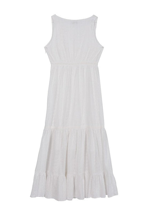 Lilou Embroidered White V Neckline Tiered Dress