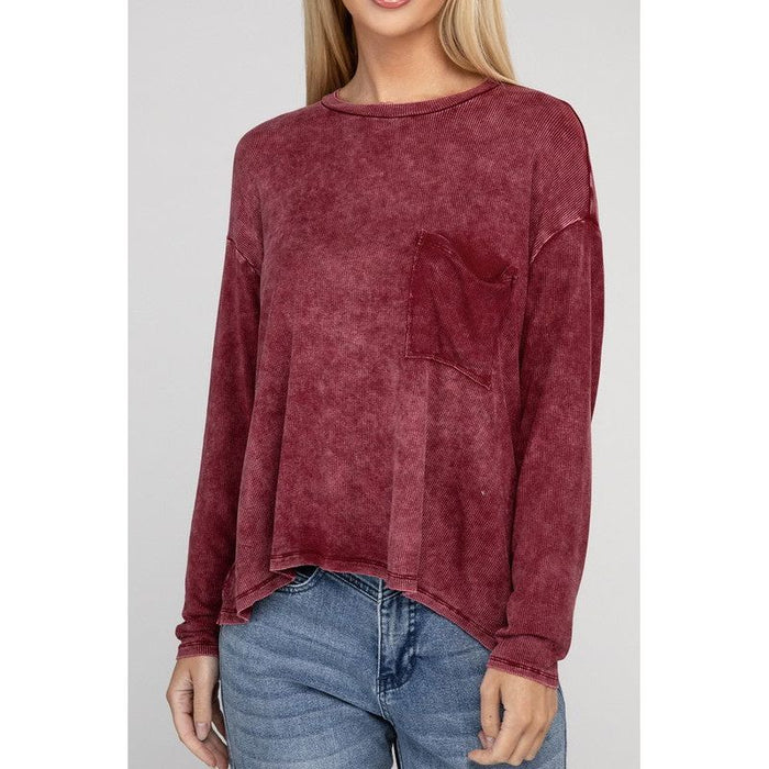 Washed Ribbed Dolman Sleeve Round Neck Top