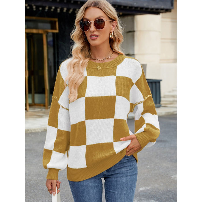 Checkered Round Neck Long Sleeve Sweater