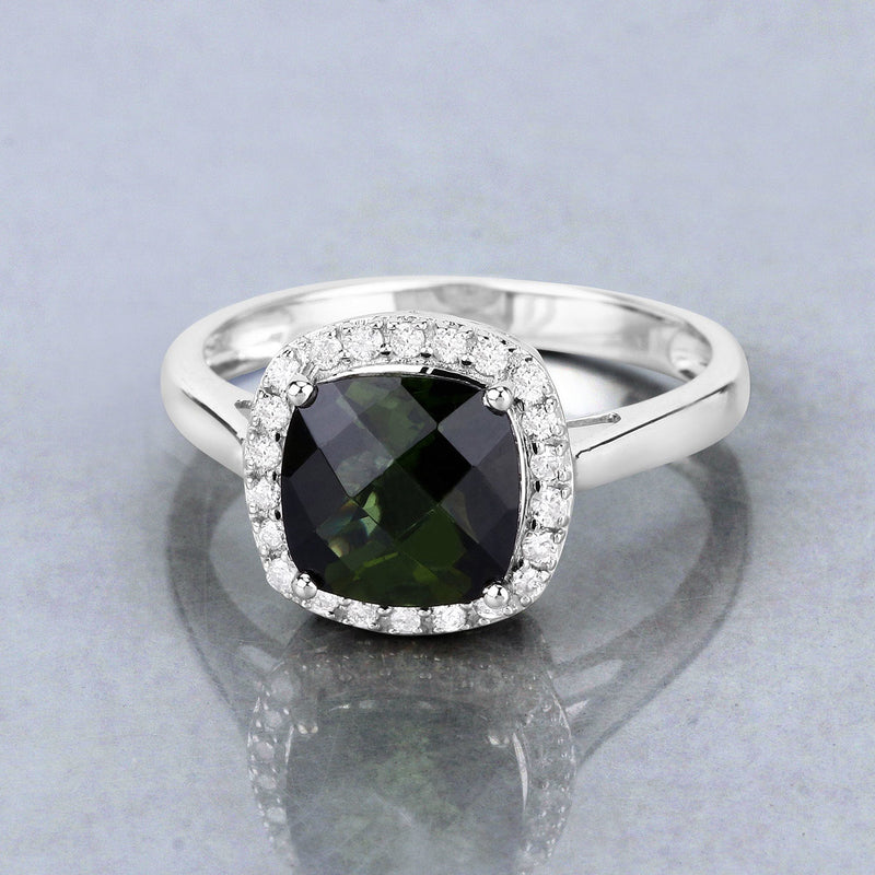 Bids.com 2.64 Carat Genuine Green Tourmaline and White Diamond 14K White Gold Ring Rings