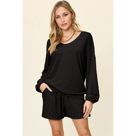 Texture V-Neck Long Sleeve T-Shirt and Shorts Set