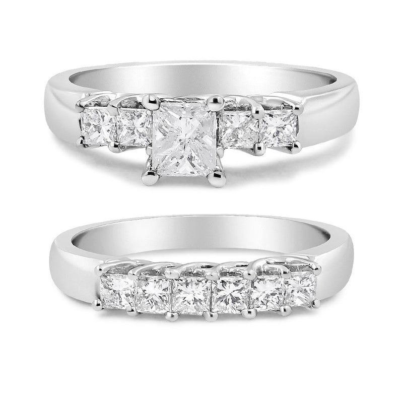 Bids.com 14K White Gold 1 1/2 Cttw 5 Stone Princess Diamond Engagement Wedding Ring Set (H-I Color, SI2-I1 Clarity) - Ring Size 7 Rings