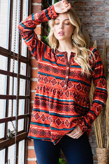 Full Size Geometric Button Detail Long Sleeve Babydoll Top