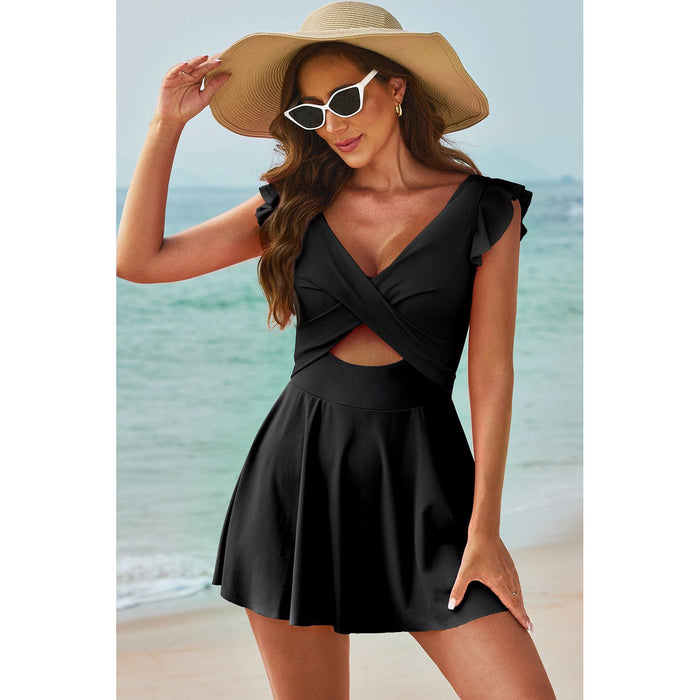 Cutout V-Neck Cap Sleeve One-Piece Swimwear