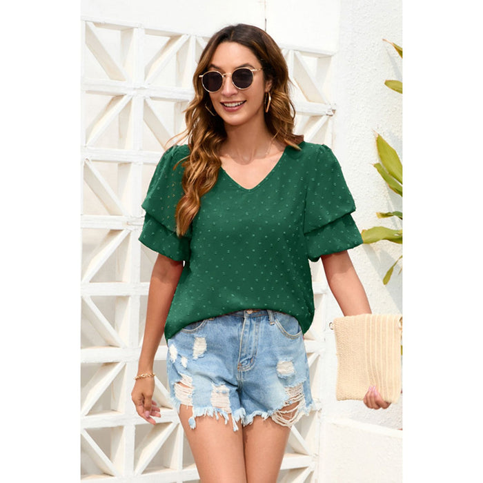 Swiss Dot V-Neck Short Sleeve Blouse