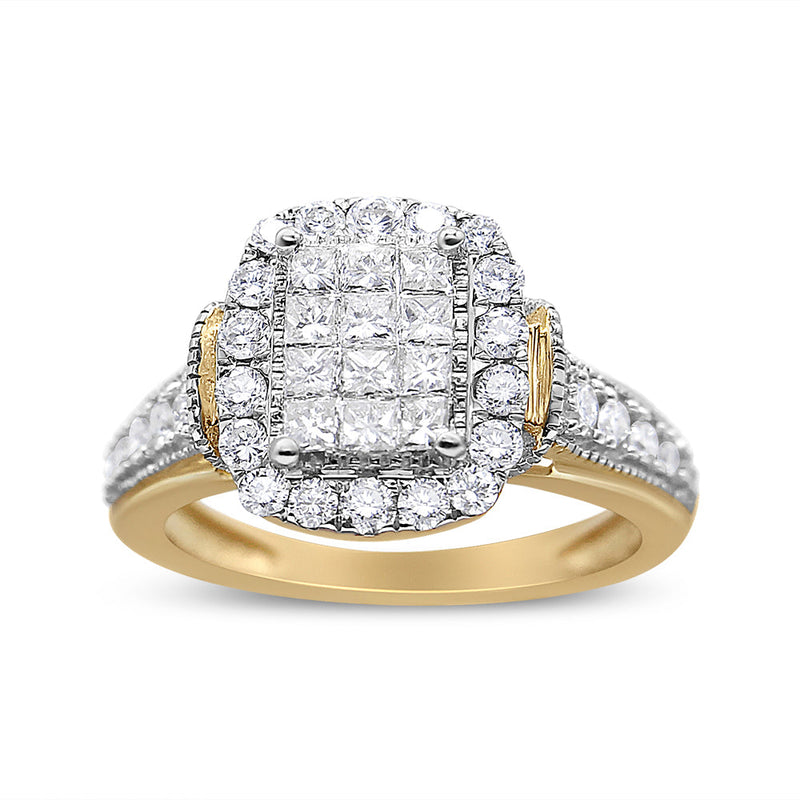 Bids.com 14K Yellow and White Gold 1.00 Cttw Princess and Round Cut Emerald Shaped Halo Diamond Cluster Ring (SI1-SI2 Clarity, H-I Color) - Size 7 Rings