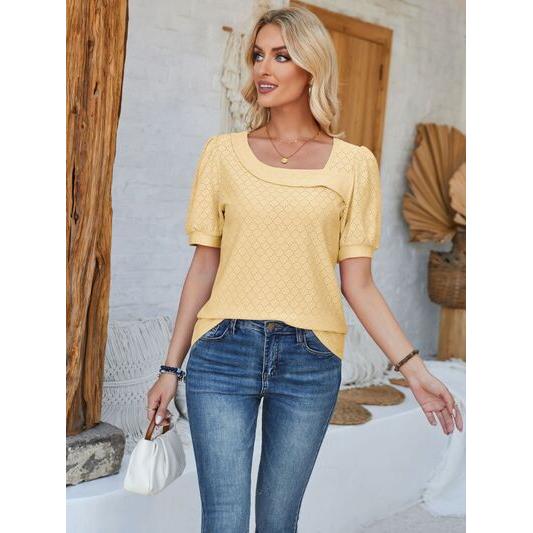 Eyelet Asymmetrical Neck Short Sleeve T-Shirt