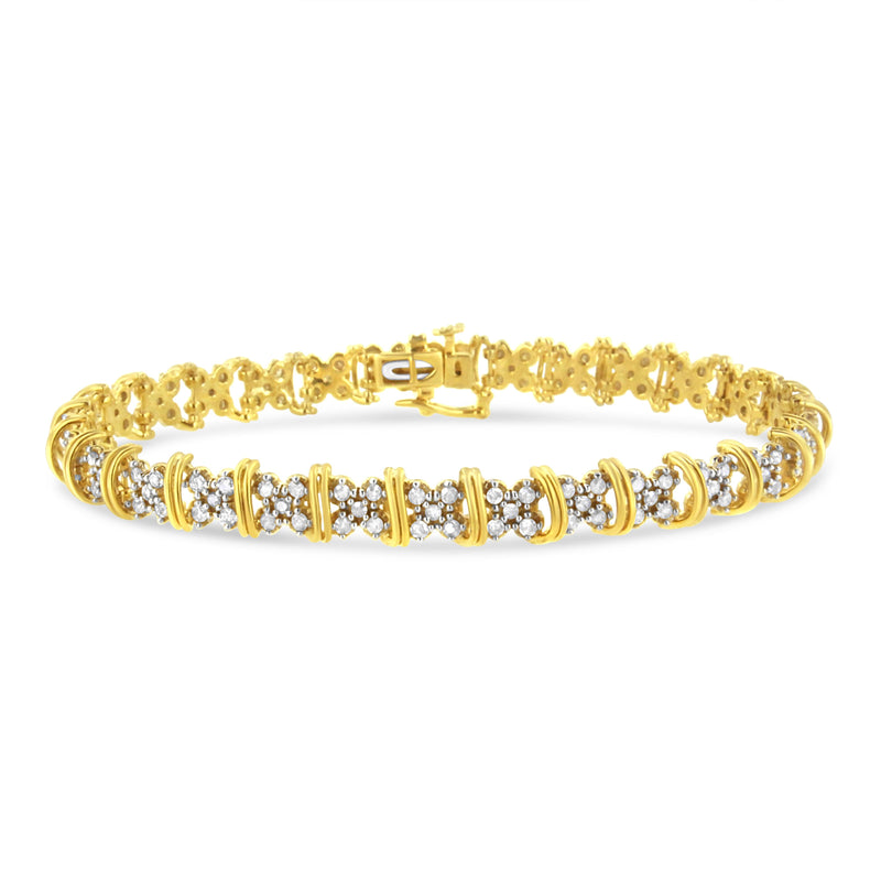 Bids.com 10K Yellow Gold Plated .925 Sterling Silver 2.0 Cttw Round Diamond Cluster "X" Shaped Link Bracelet (H-I Color, I3 Clarity) - 7" Bracelets