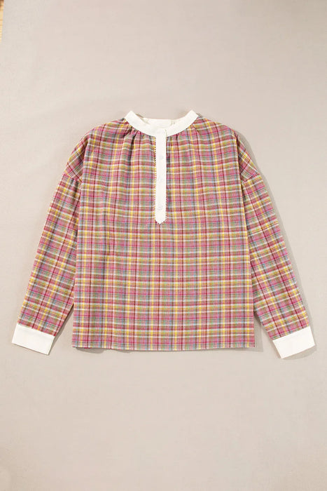 Plaid Half Button Long Sleeve Blouse