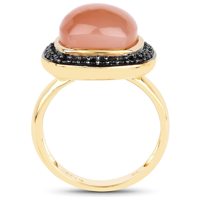 Bids.com 14K Yellow Gold Plated 7.50 ct. t.w. Peach Moonstone and Black Spinel Ring in Sterling Silver Rings