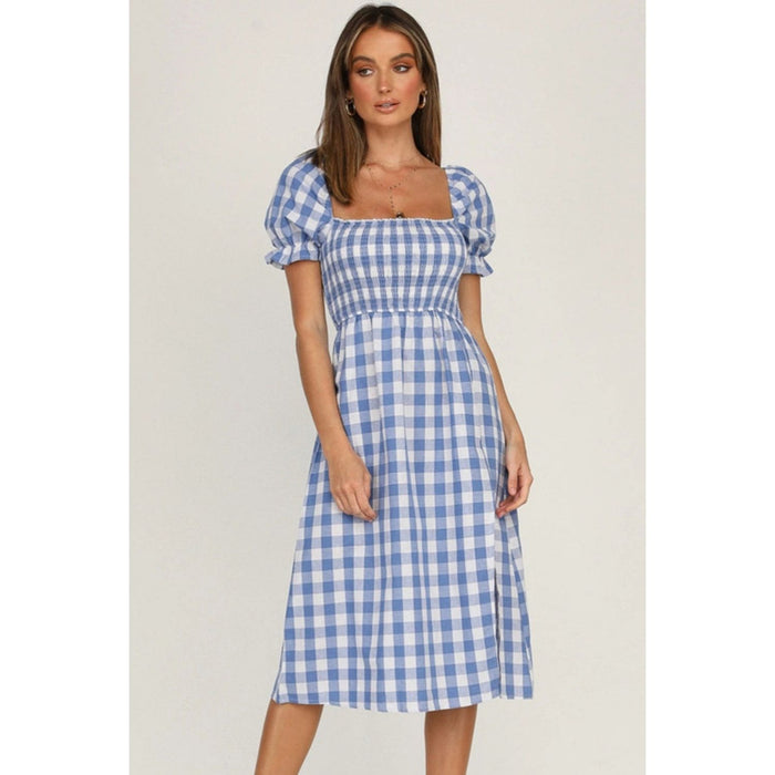 Full Size Slit Plaid Short Sleeve Midi Dress