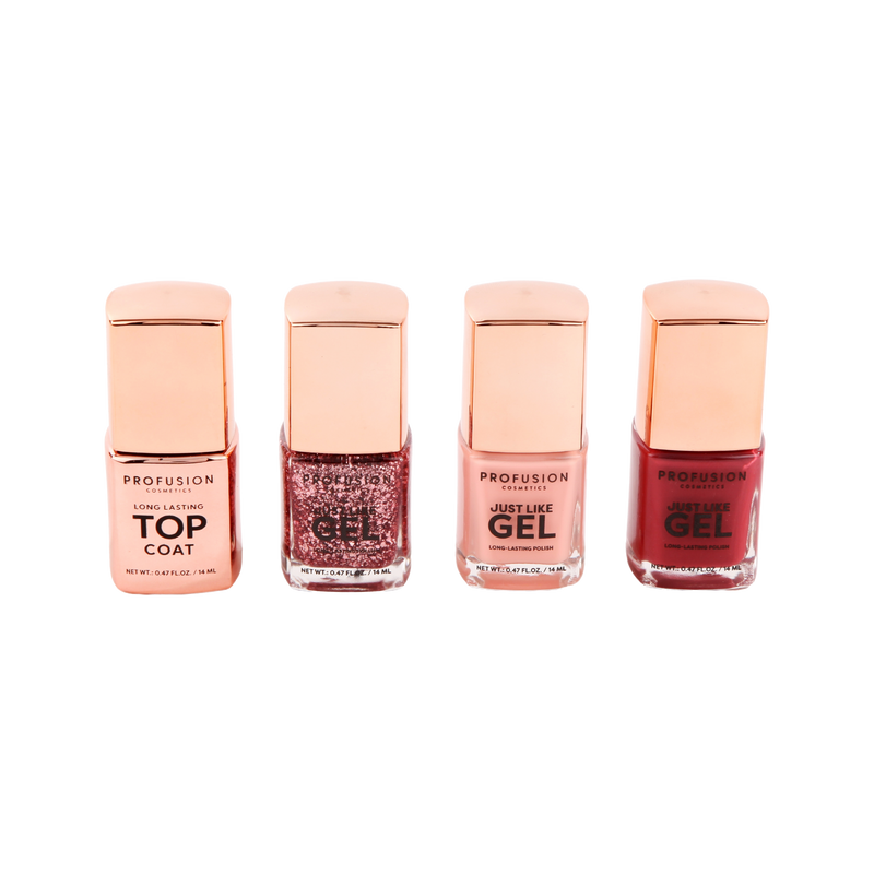 Profusion Cosmetics Crimson Gel Nails – 4-Piece Nail Polish Set with Top Coat Nail Polishes
