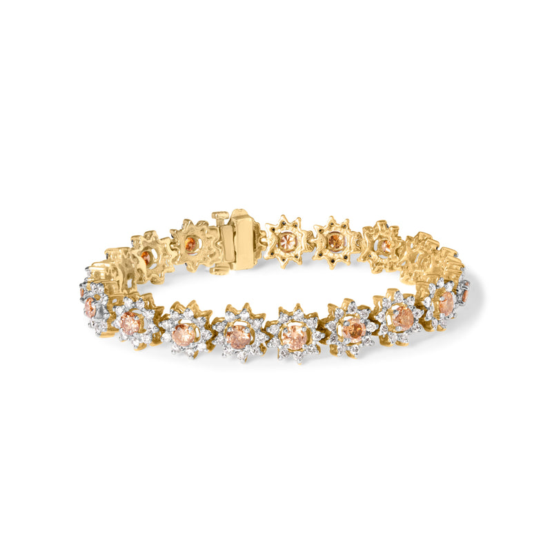 Bids.com 14K Yellow Gold 8.00 Cttw Champagne Diamond Floral Cluster Halo Link Bracelet (H-I Color, I1-I2 Clarity) Bracelets