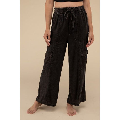 Washed Linen Elastic Band Waist Cargo Pants