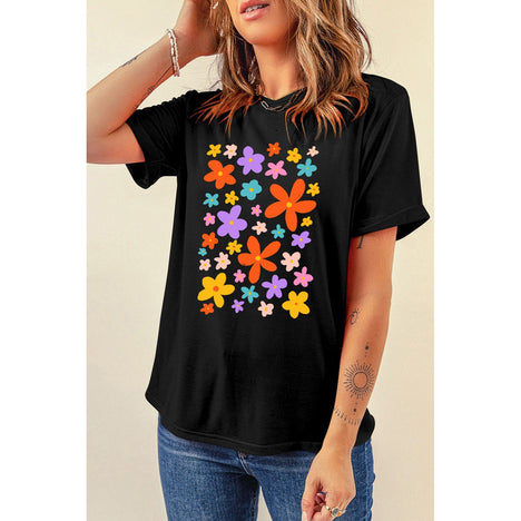 Flower Graphic Round Neck Short Sleeve T-Shirt