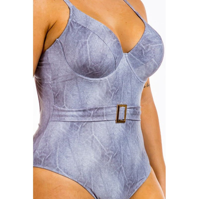 One Piece Buckle Belt Embellish Denim Swimsuit