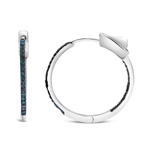 Bids.com .925 Sterling Silver 1/3 Cttw Inside Out Blue Treated Diamond 1MM Wide Hoop Earrings (Blue Color, I2-I3 Clarity) Earrings