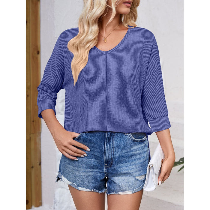 Textured Round Neck Three-Quarter Sleeve Blouse