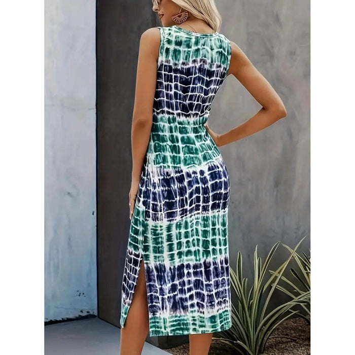 Slit Printed Round Neck Sleeveless Dress