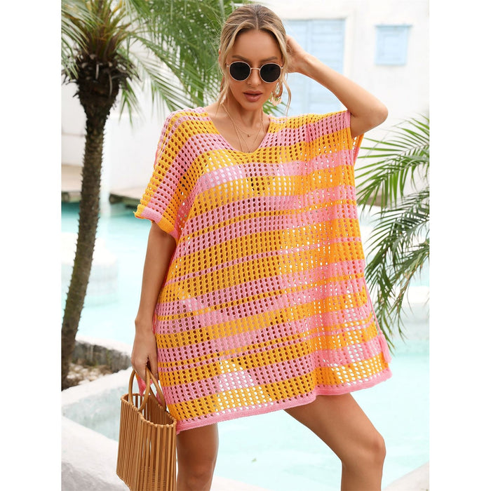 Tassel Openwork Striped V-Neck Cover Up