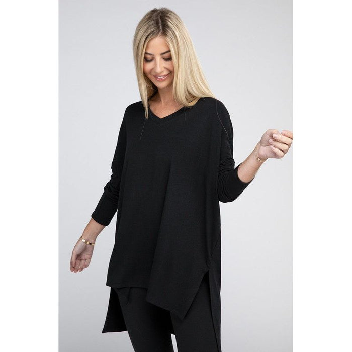 Dolman Long Sleeve V-Neck Side Slit Hi-Low Hem Top