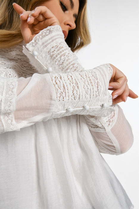 High Neck Multi-Panel Lace Trim Long Sleeve Pullover Blouse