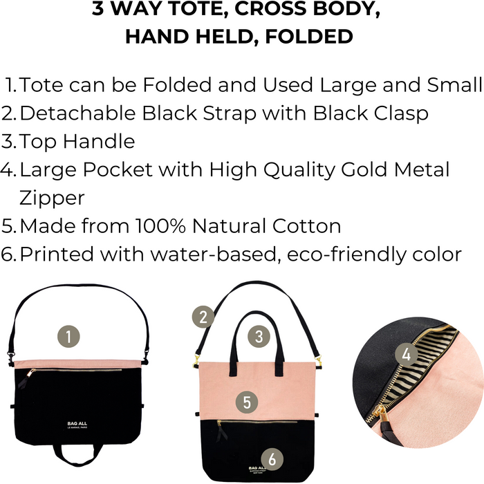 Bag-All - 3 Way Tote, Cross Body, Hand Held, Folded, Pink/Black, New York