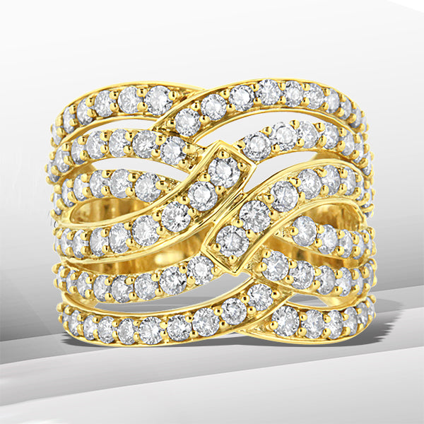 Bids.com 10K Yellow Gold 3.00 Cttw Diamond Multi Row Bypass Wave Cocktail Band Ring (J-K Color, I1-I2 Clarity) - Size 7 Rings
