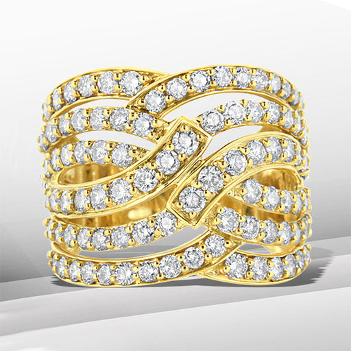 Bids.com 10K Yellow Gold 3.00 Cttw Diamond Multi Row Bypass Wave Cocktail Band Ring (J-K Color, I1-I2 Clarity) - Size 7 Rings