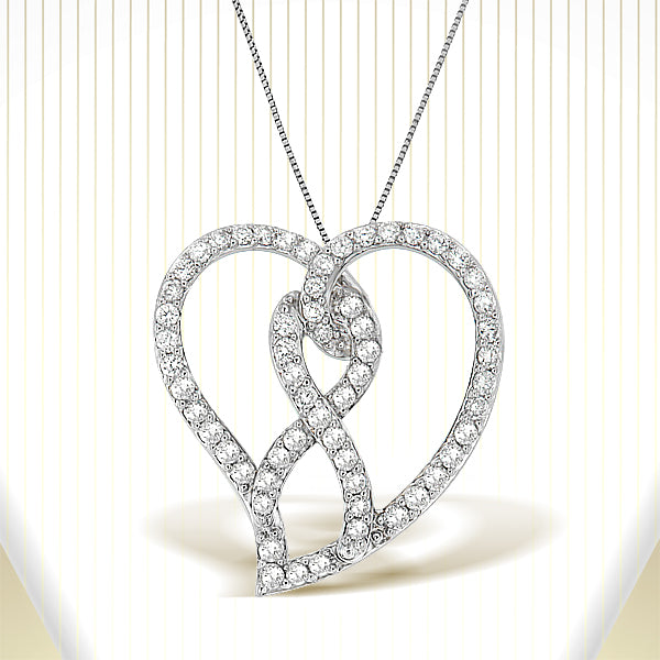 Bids.com 14K White Gold 1.0 Cttw White Diamond Awareness Ribbon & Open Heart 18" Pendant Necklace (H-I Color, I1-I2 Clarity) - White Diamond Ribbon Necklaces