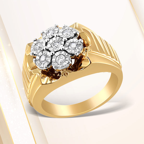 Bids.com Men's 14K Yellow Gold Plated .925 Sterling Silver 1/3 Cttw Miracle-Set Floral Diamond Cluster Ring (I-J Color, I1-I2 Clarity) - Size 10 Rings