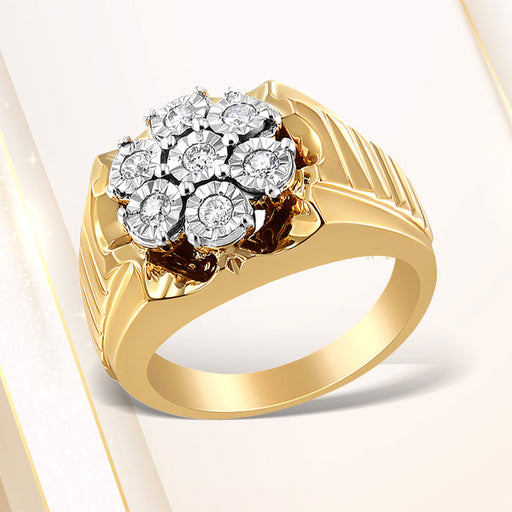 Bids.com Men's 14K Yellow Gold Plated .925 Sterling Silver 1/3 Cttw Miracle-Set Floral Diamond Cluster Ring (I-J Color, I1-I2 Clarity) - Size 10 Rings