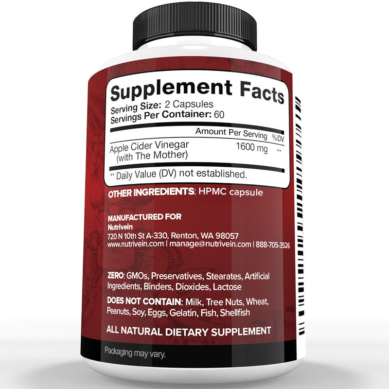 Nutrivein Nutrivein Premium Apple Cider Vinegar Supplements with Mother - 1600 mg - 120 Capsules 9B-W5LZ-LO3O